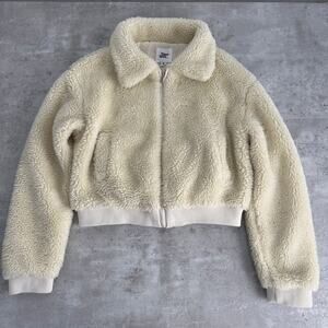 Tiger Mist Teddy Sherpa bomber jacket in cream size small